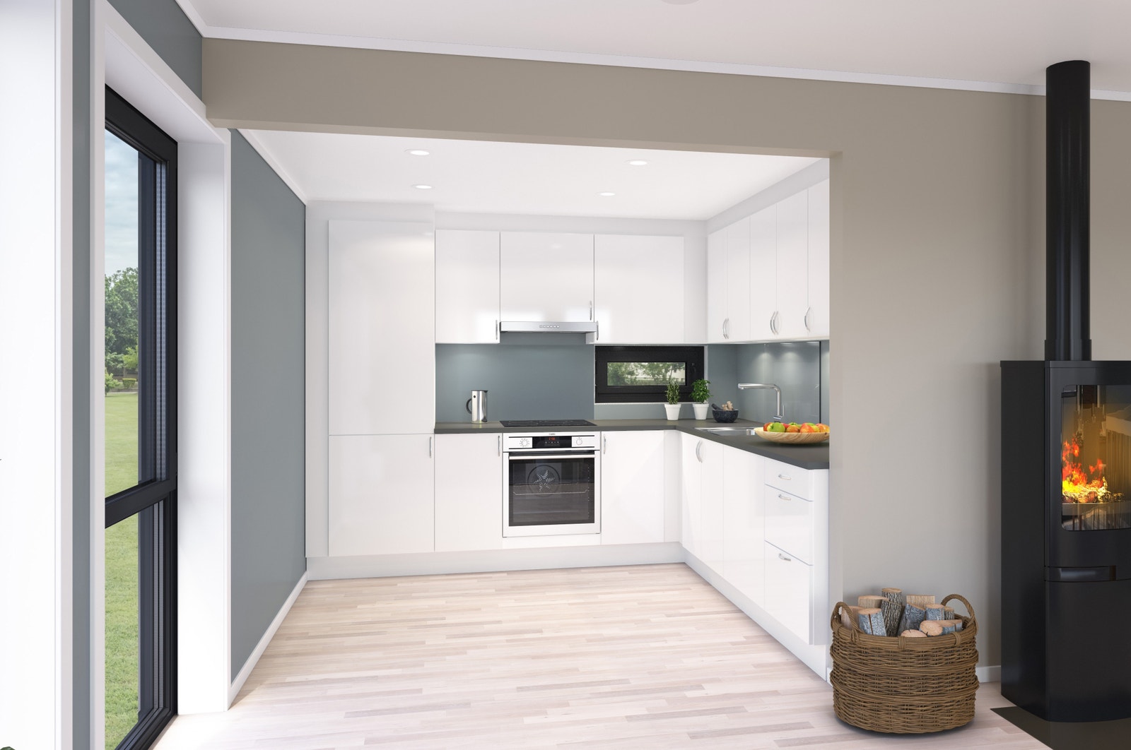 Boligene leveres med moderne og stilfult kjøkken fra Aubo. Illustrasjon av boligen med Aubo-kjøkken, avvik kan forekomme. Galleribilde