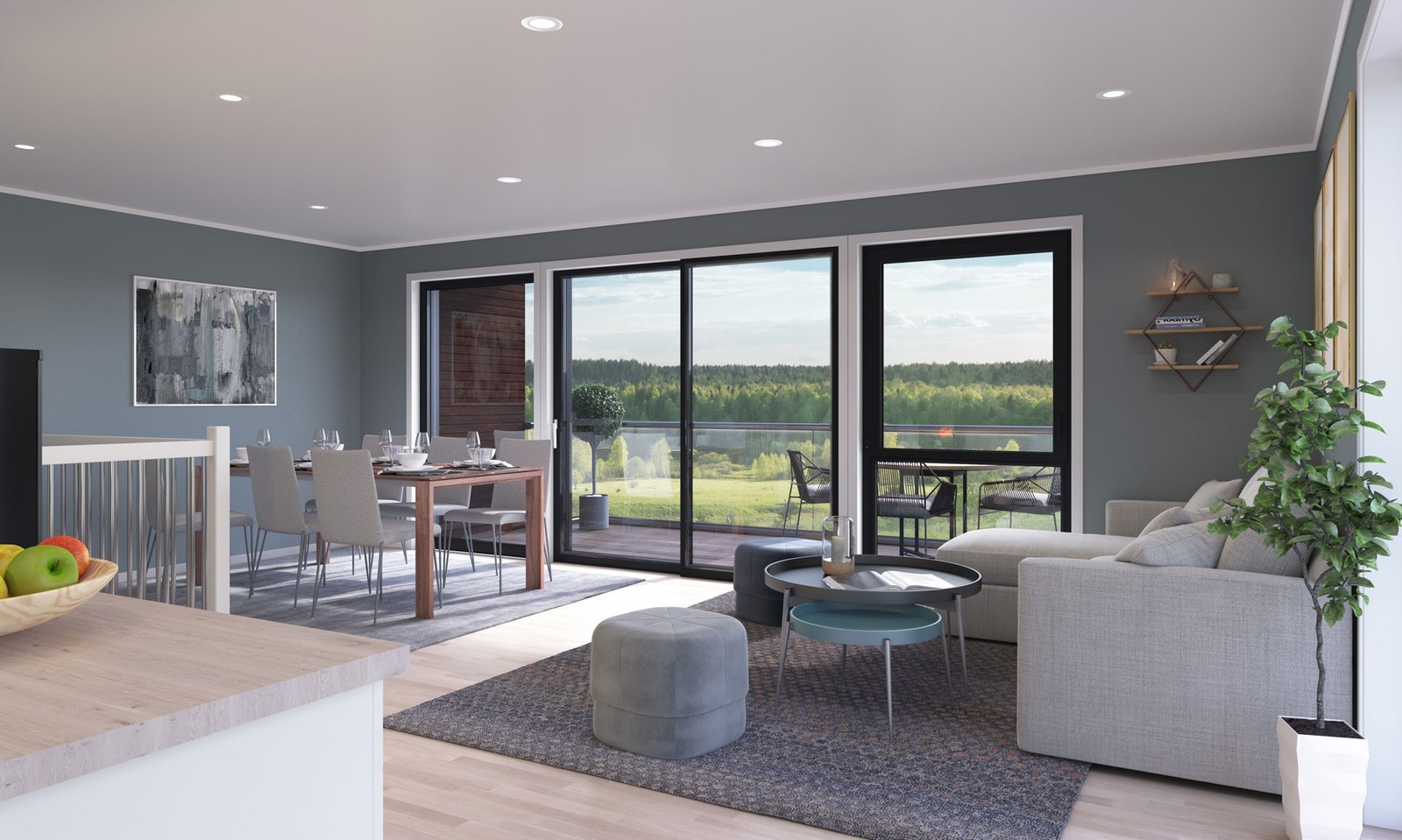 Fra stuen i andre etasje får du flott utsikt og utgang til overbygd veranda. Illustrasjon av boligen, avvik kan forekomme. Galleribilde