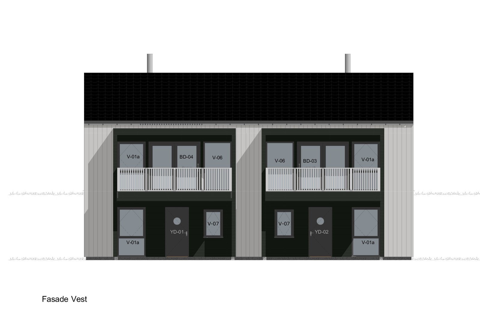 Fasadetegning av tomannsboligens inngangsside mot vest. Galleribilde