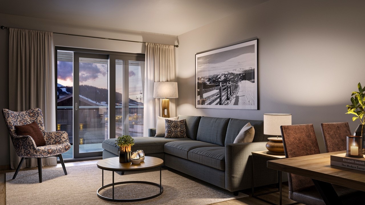 Luftig og fin vestvendt utsikt fra leilighet 304, med alpinbakkene i bakgrunn. Smakfullt innredet med illustrert møbelpakke Galleribilde