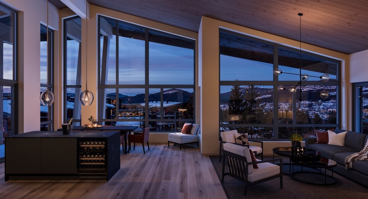 Flott nord/øst utsikt fra leilighet 301. Illustrert valgfri møbelpakke, det er 9 andre leiligheter uten obligatorisk møbelpakke inkludert. Galleribilde