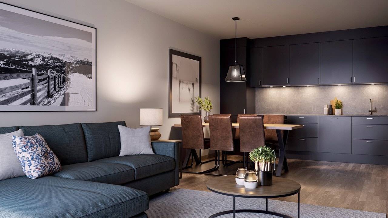 Kjøkken med god spiseplass. Illustrert møbelpakke Galleribilde