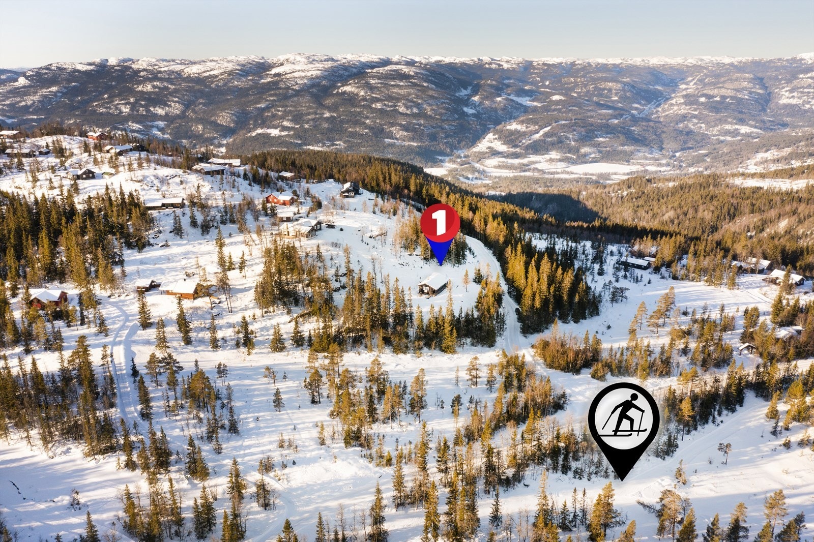 Hyttas beliggenhet og markering av maskinpreparert skiløype som knytter deg til hele løypenettet Galleribilde