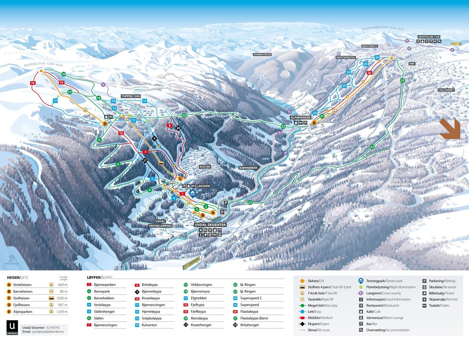 Uvdal Skisenter - Pil markerer hyttene - Man kan renne inn til skibakkene fra hytten Galleribilde