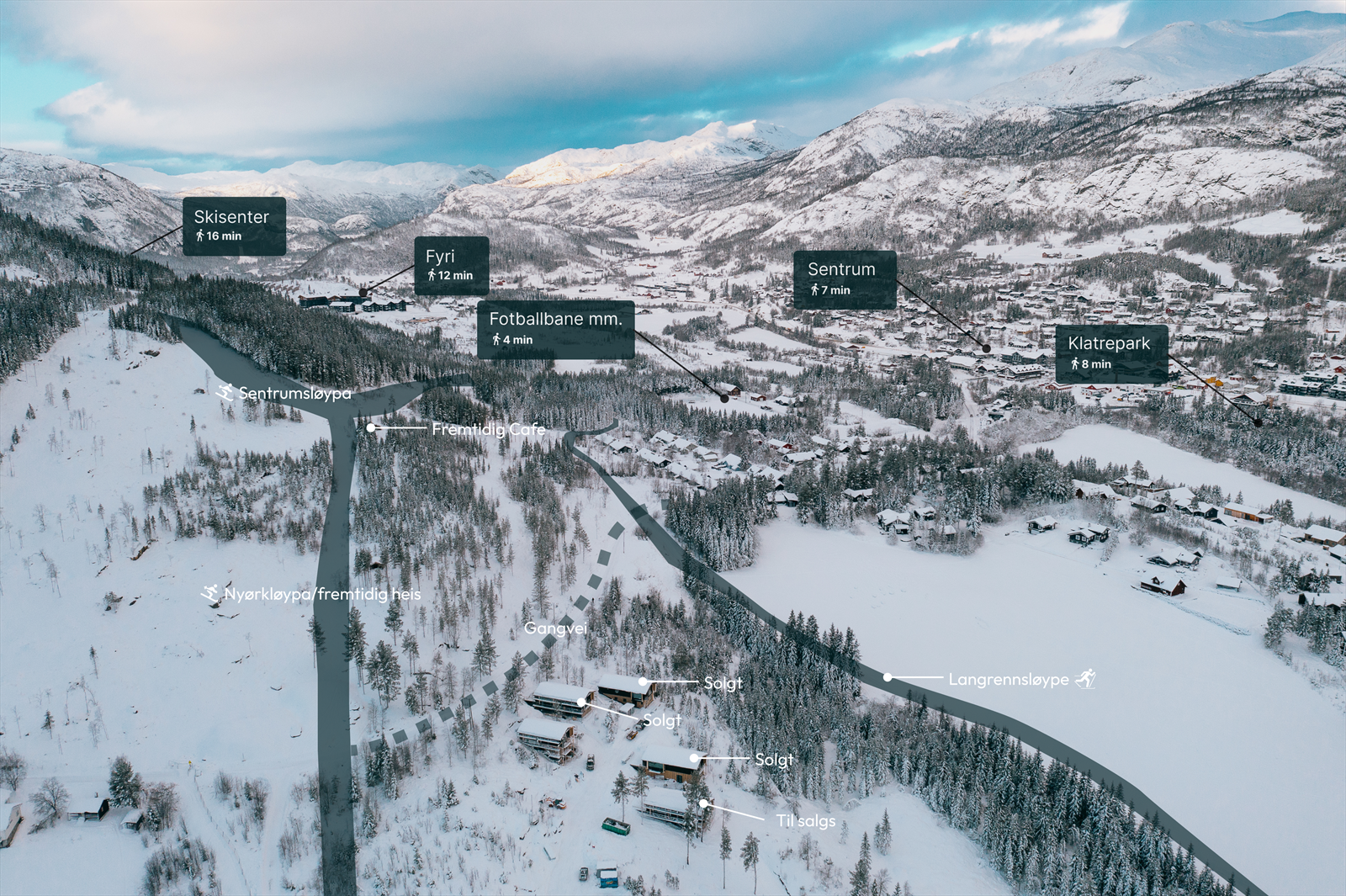 Oversiktskart viser eksisterende langrennsløype og Sentrumsløypa, samt planlagt ny skiheis og bakke. Galleribilde