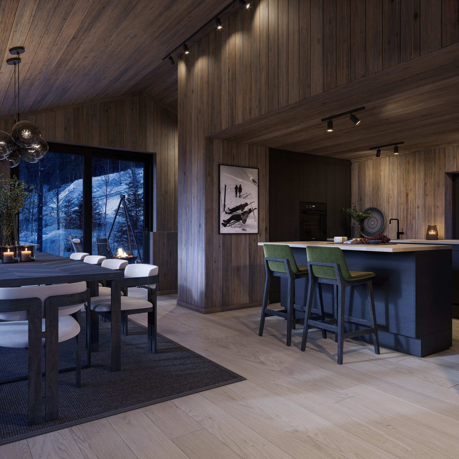 Hytta er åpen slik at du har fri utsikt gjennom de store vinduene på endeveggene. (Illustrasjon mot terrasse hyttetype B). Galleribilde