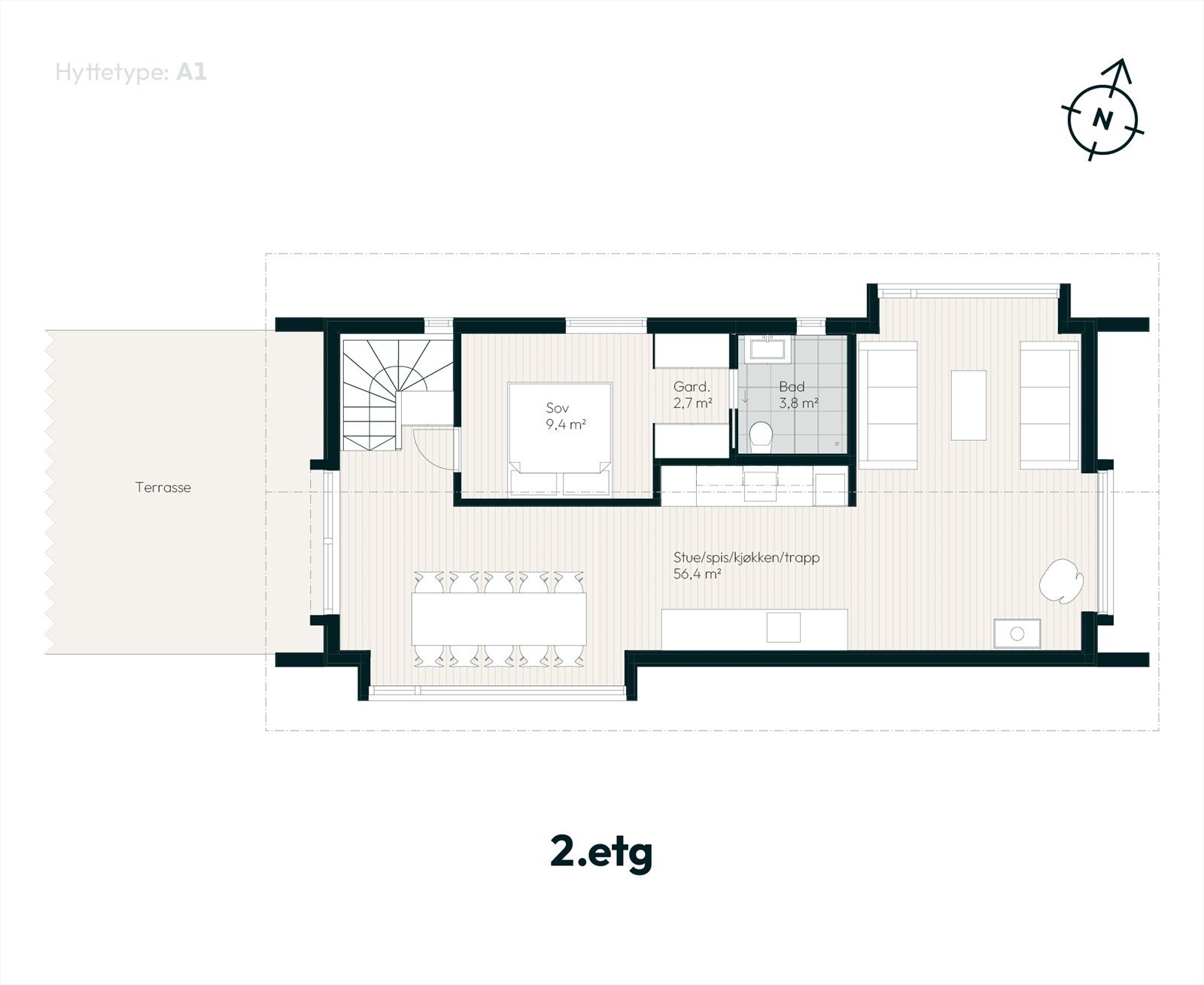 Plantegning toppetasje. Den åpen løsning gjennom hytta og gjennomtenkt plassering av vinduer gir spektakulær utsikt til de flotte fjellene. Galleribilde