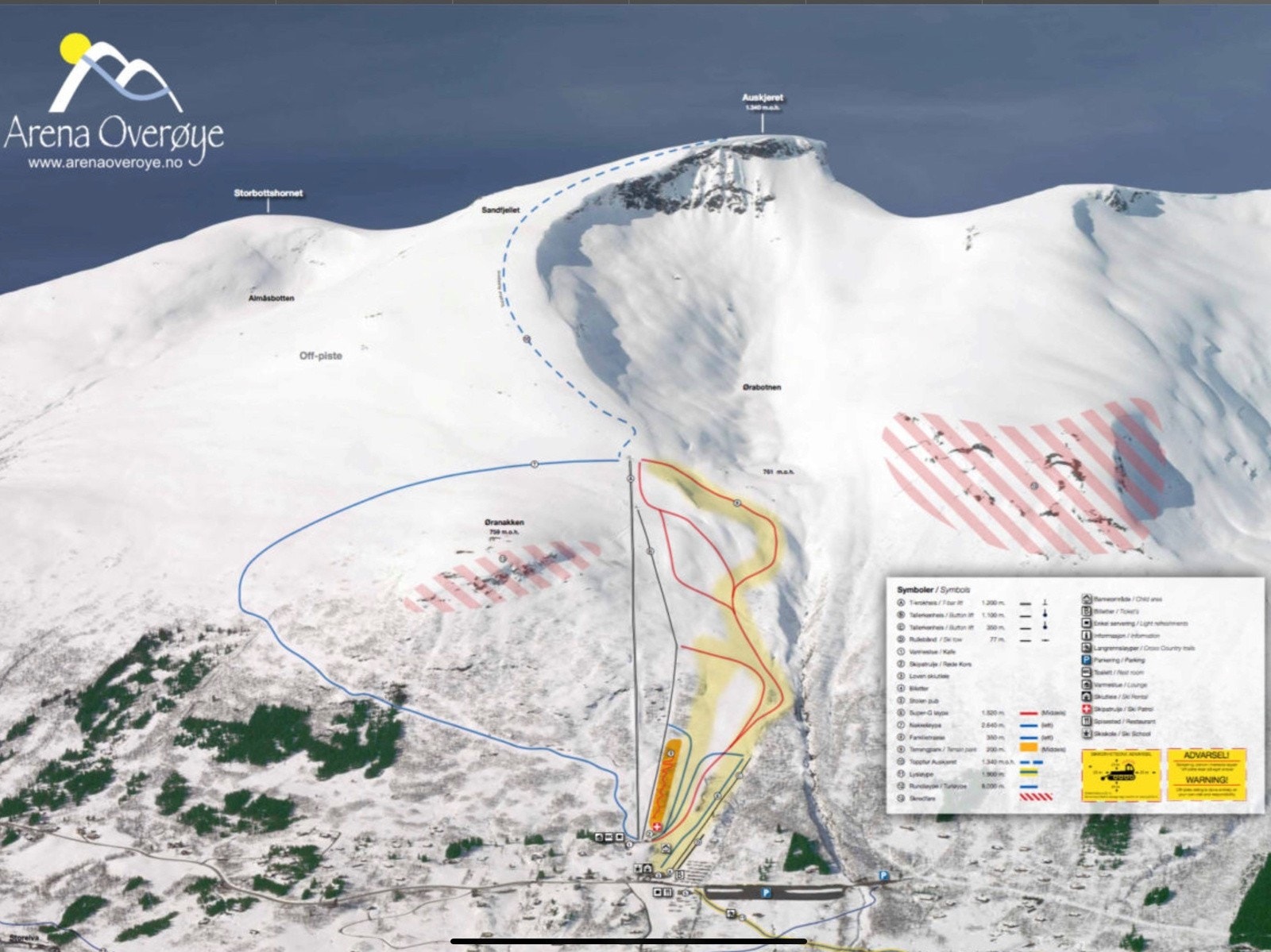 Løypekart Arena Overøye, her er tilbud for de små på skibandet nederst til terrengparken og fine preparerte løyper. Galleribilde