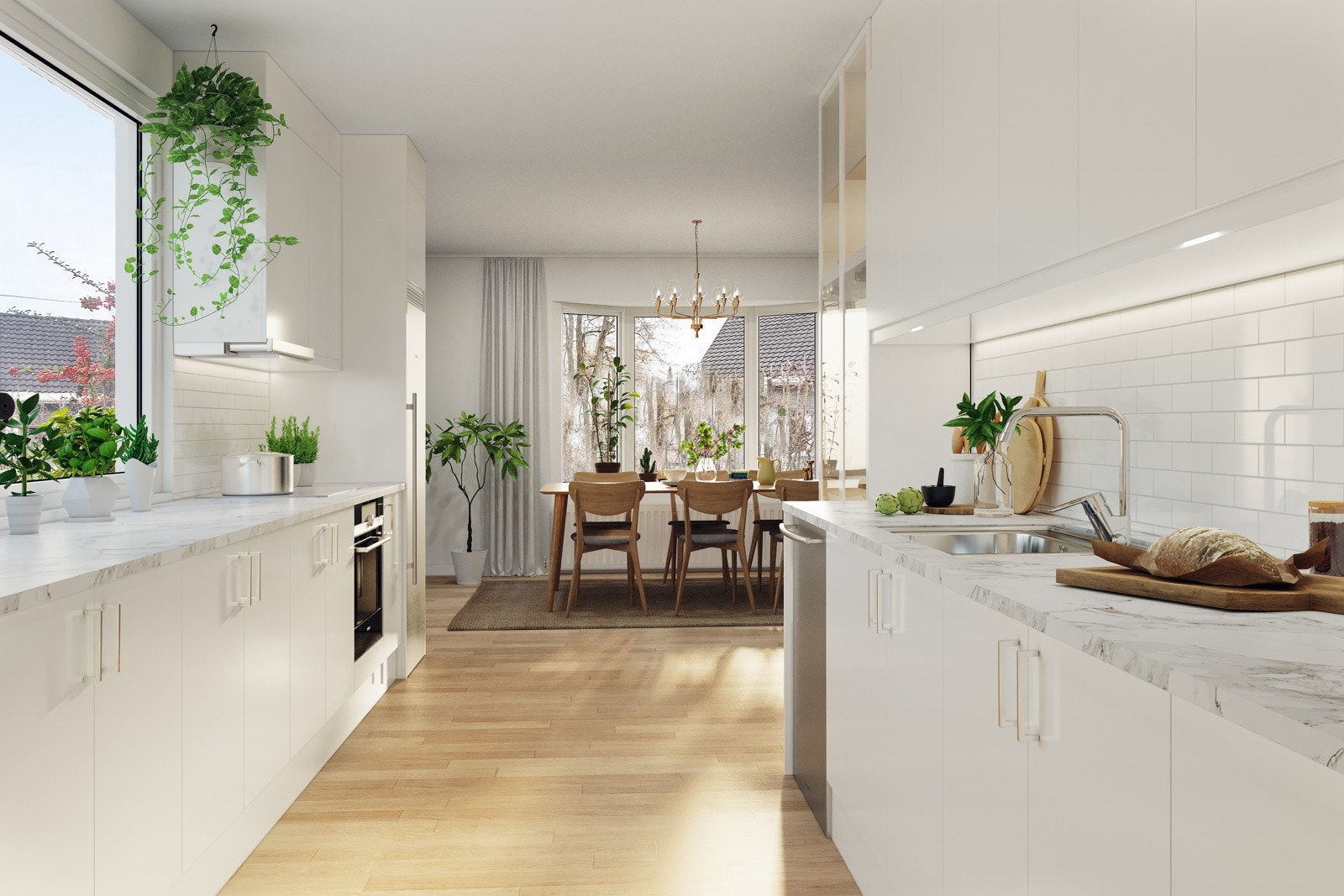 Digital oppussing/styling - illustrasjon med åpen kjøkkenløsning mot spisestue Galleribilde