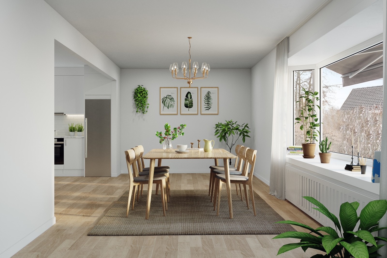 Digital oppussing/styling - illustrasjon med åpen kjøkkenløsning mot spisestue Galleribilde