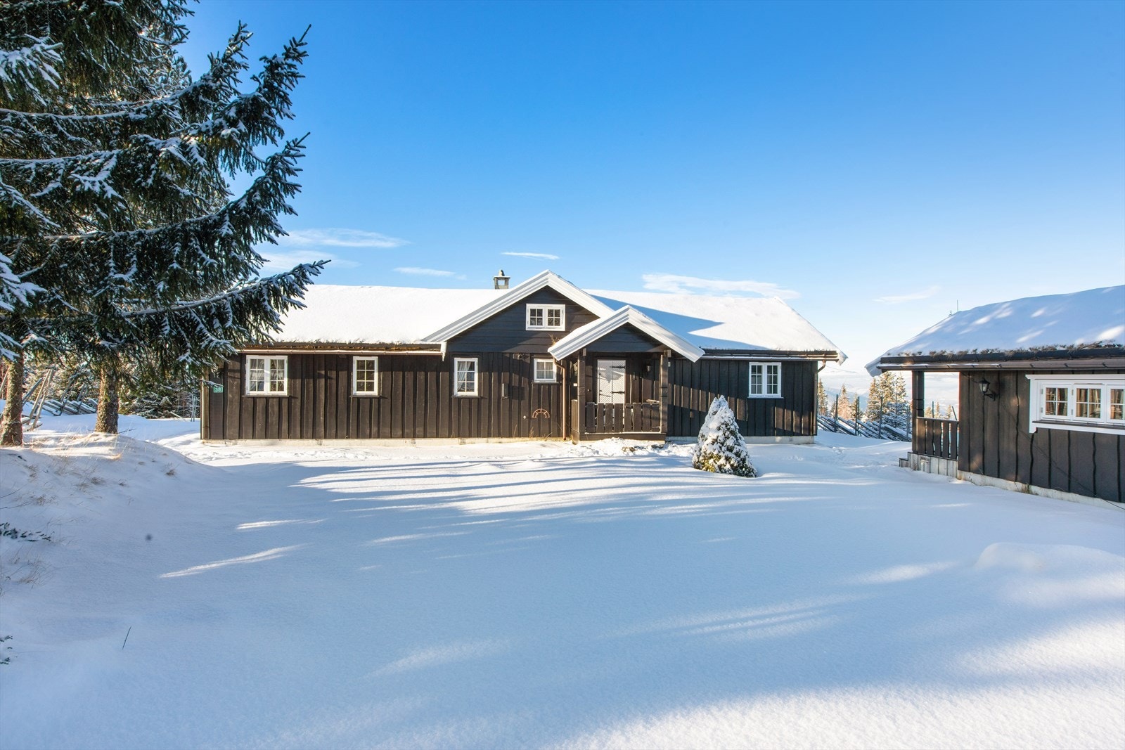 Tomten er romslig, flat og usjenert. Består av hovedhytte og uthus. Galleribilde