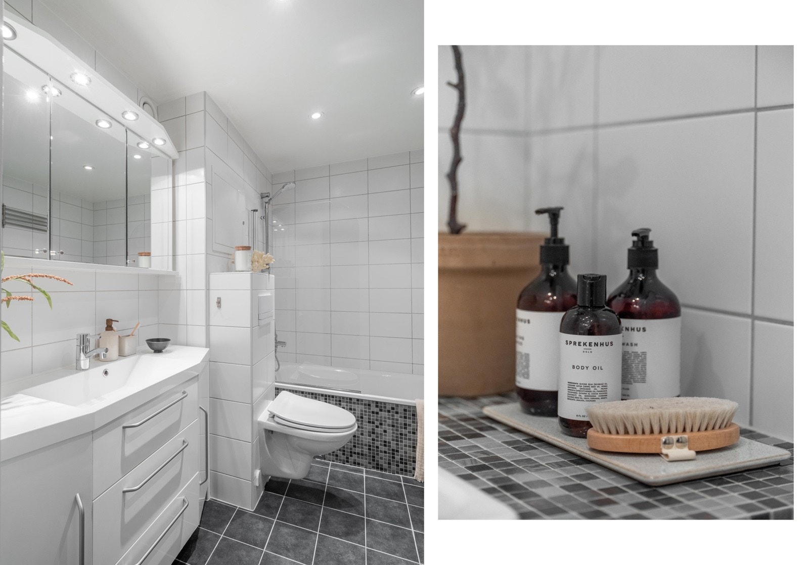 Leiligheten har i dag et pent flislagt baderom. Galleribilde