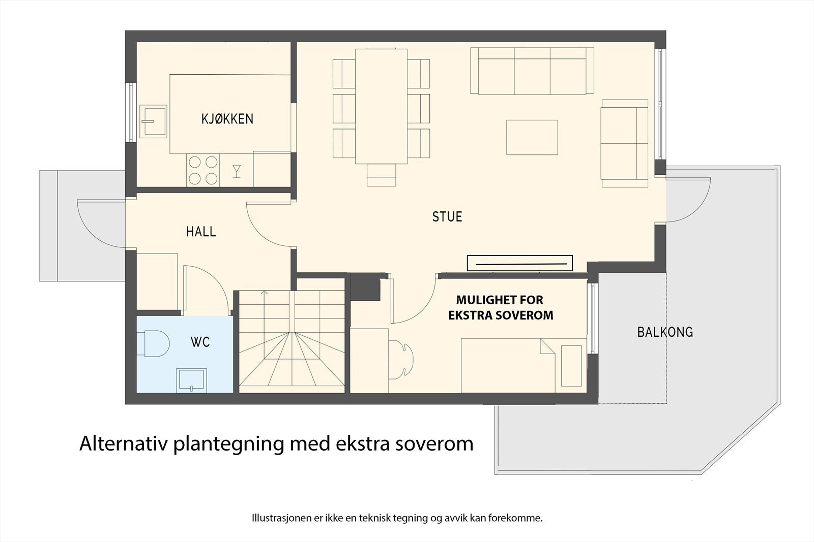 Alternativ plan med soverom 3. Boligen er godkjent med 3 soverom men har kun 2 soverom i dag Galleribilde