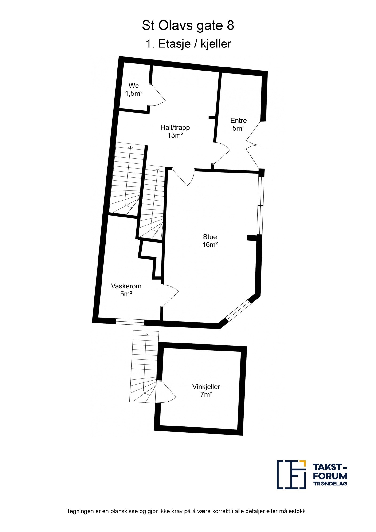Plantegning med oppmåling fra takstmann, 1. etasje og kjeller. Galleribilde
