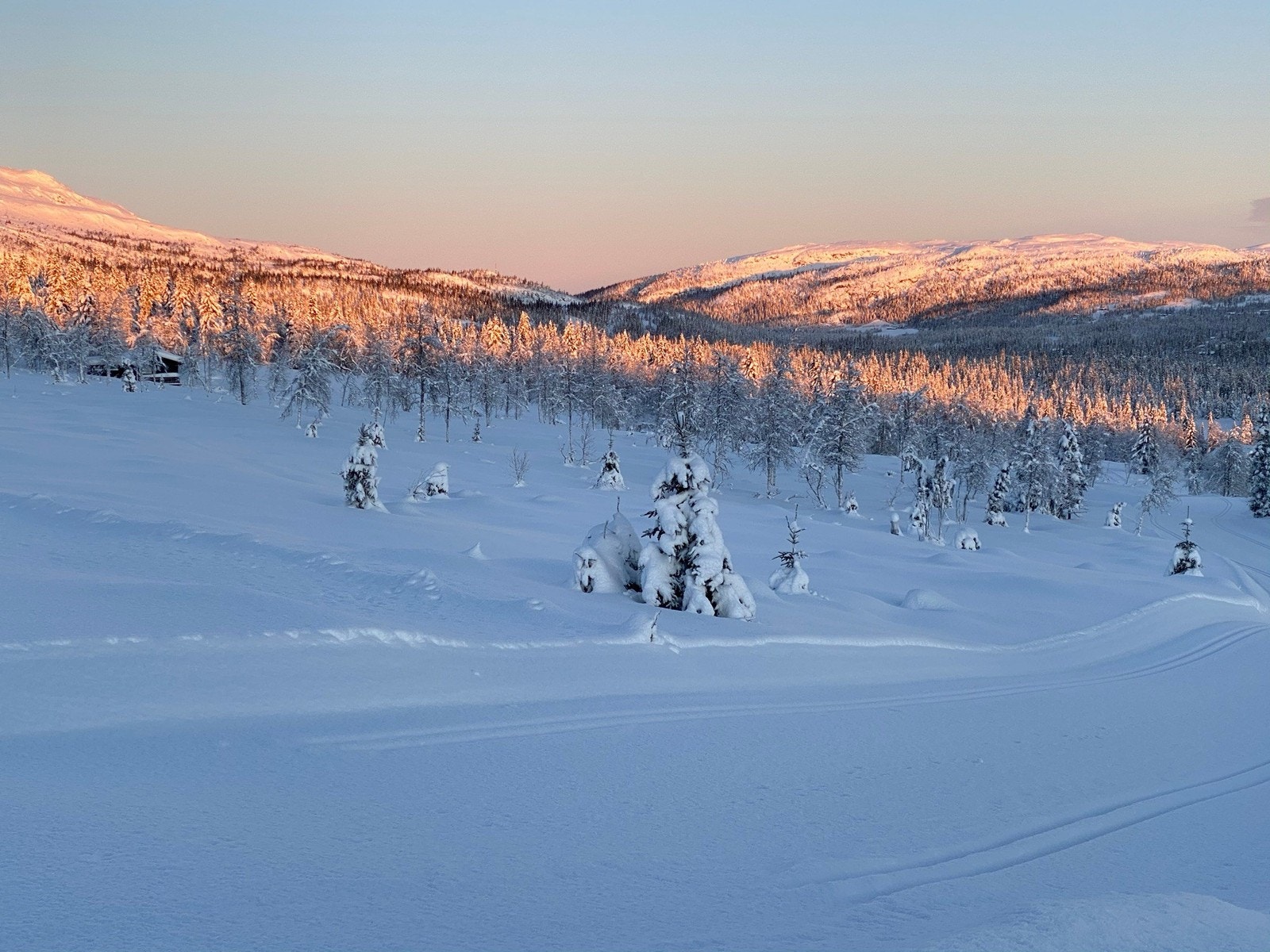 Kald vintermorgen på Åssætra, skiløypa 100 m fra hytta. Galleribilde