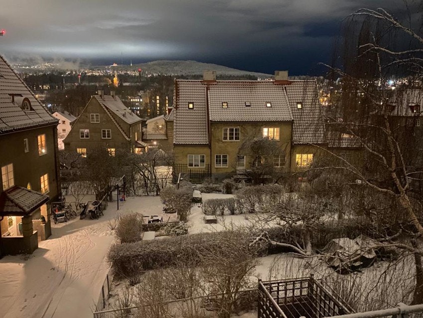 Vakkert utsyn til hagen og Tryvannsåsen fra boligen. Galleribilde