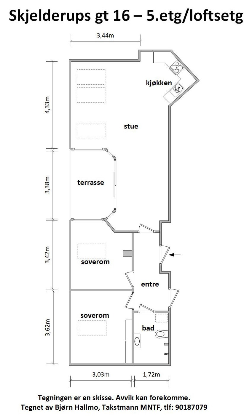 - Plantegning med mål Skjelderups gate 16 B - Galleribilde