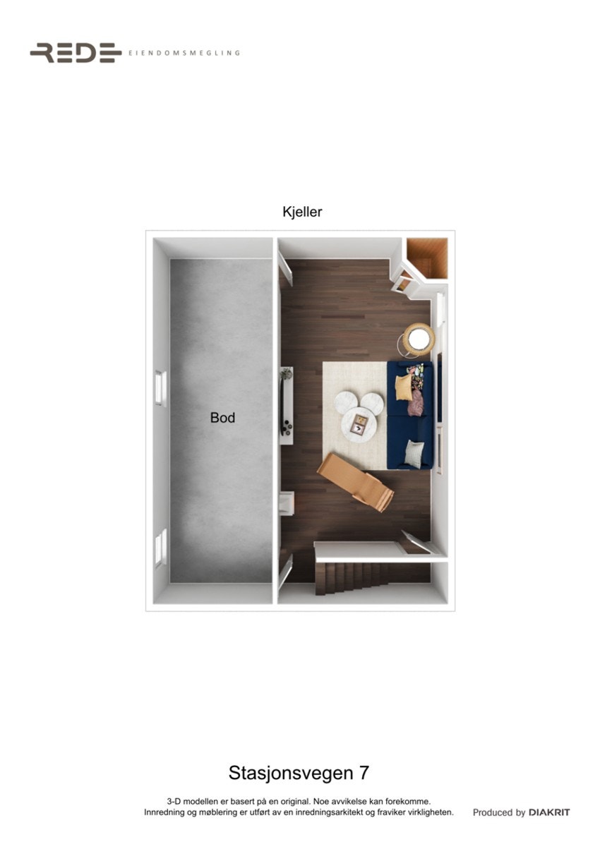 Planløsning med forslag til møblering kjelleretg. hoveddel. Galleribilde