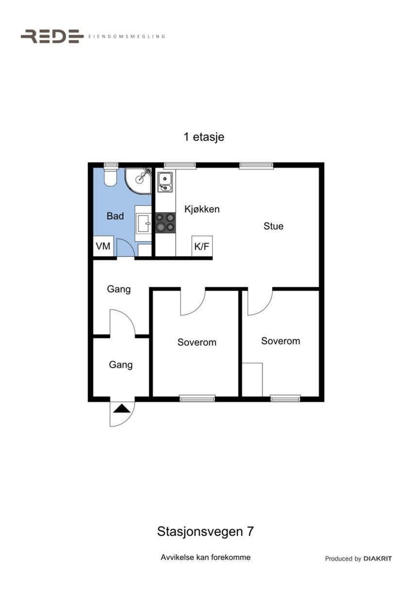 Planløsning hybelleilighet 1. etg. Det er nå montert dør mellom hybelleiligheten og resten av boligen. Dette fremkommer ikke av denne planskissen. Galleribilde