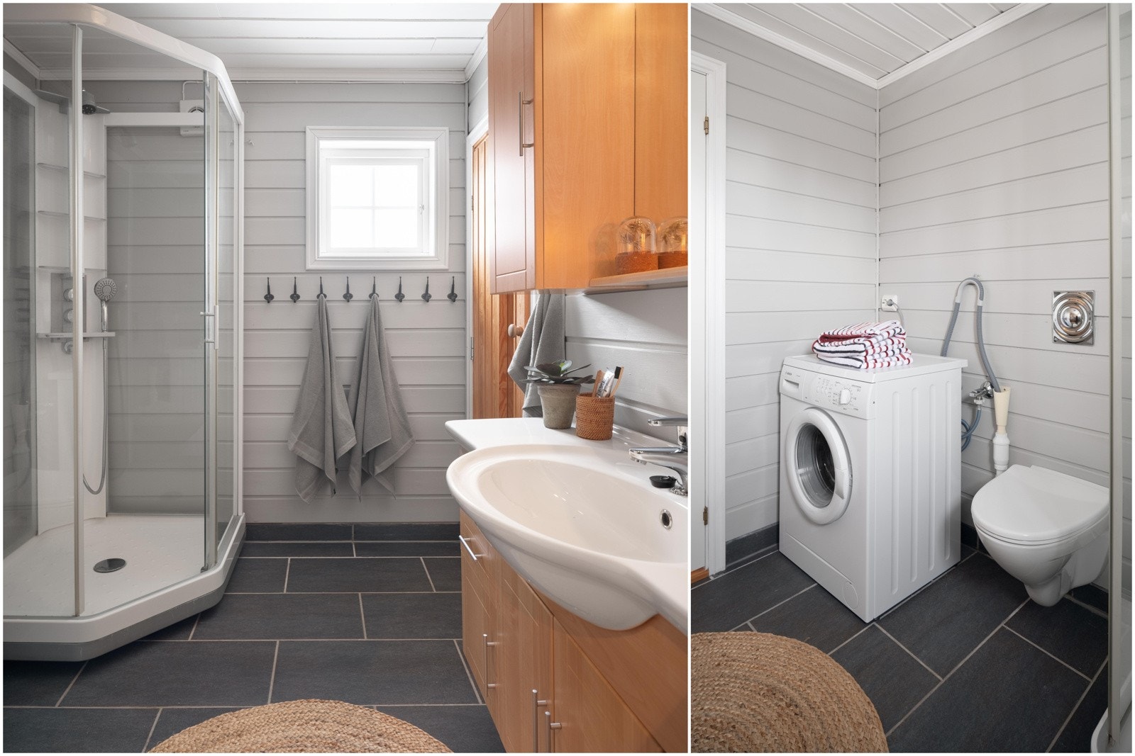 Delikat og praktisk baderom med opplegg til vaskemaskin Galleribilde