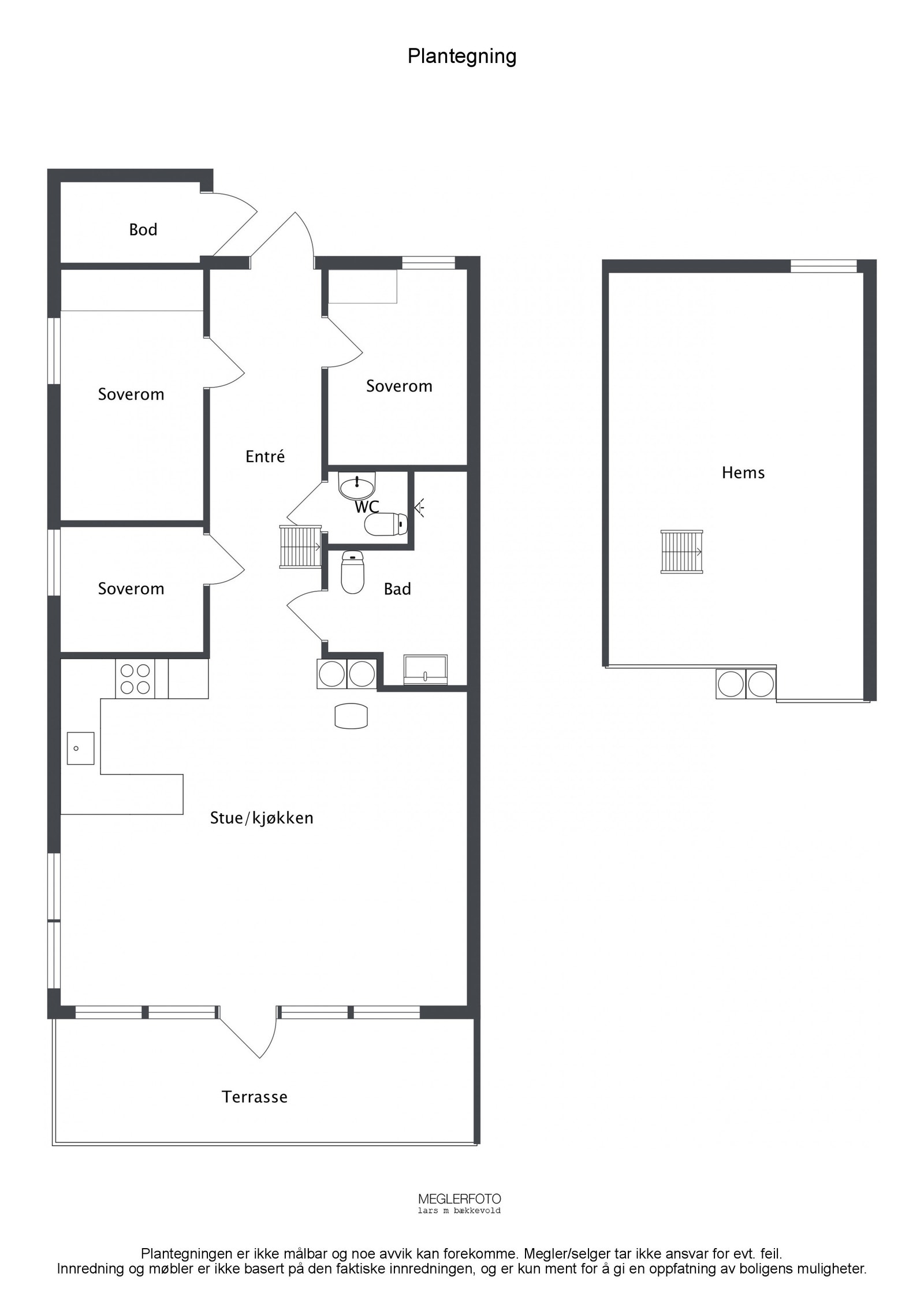 Plantegning for leilighet (90A og 90C) i 2. etasje med hems. Galleribilde