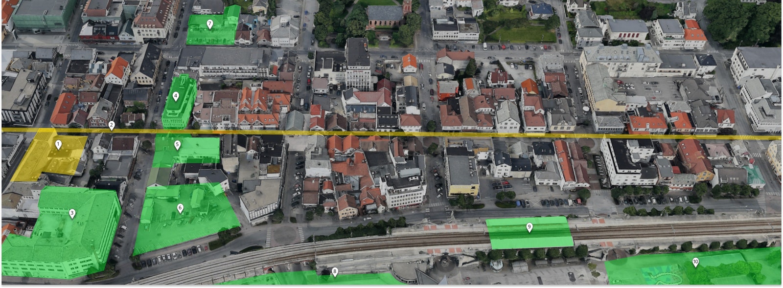 Oversiktskart:
1) Øglændhuset 2) Langgata 3) Øglændkvartalet bolig
4) Ti Spiseri 5) Pasha 6) Tomt til langtidsparkering
7) Sabi Sushi 8) Ruten 9) Togstasjon
10) Rutenparken Galleribilde