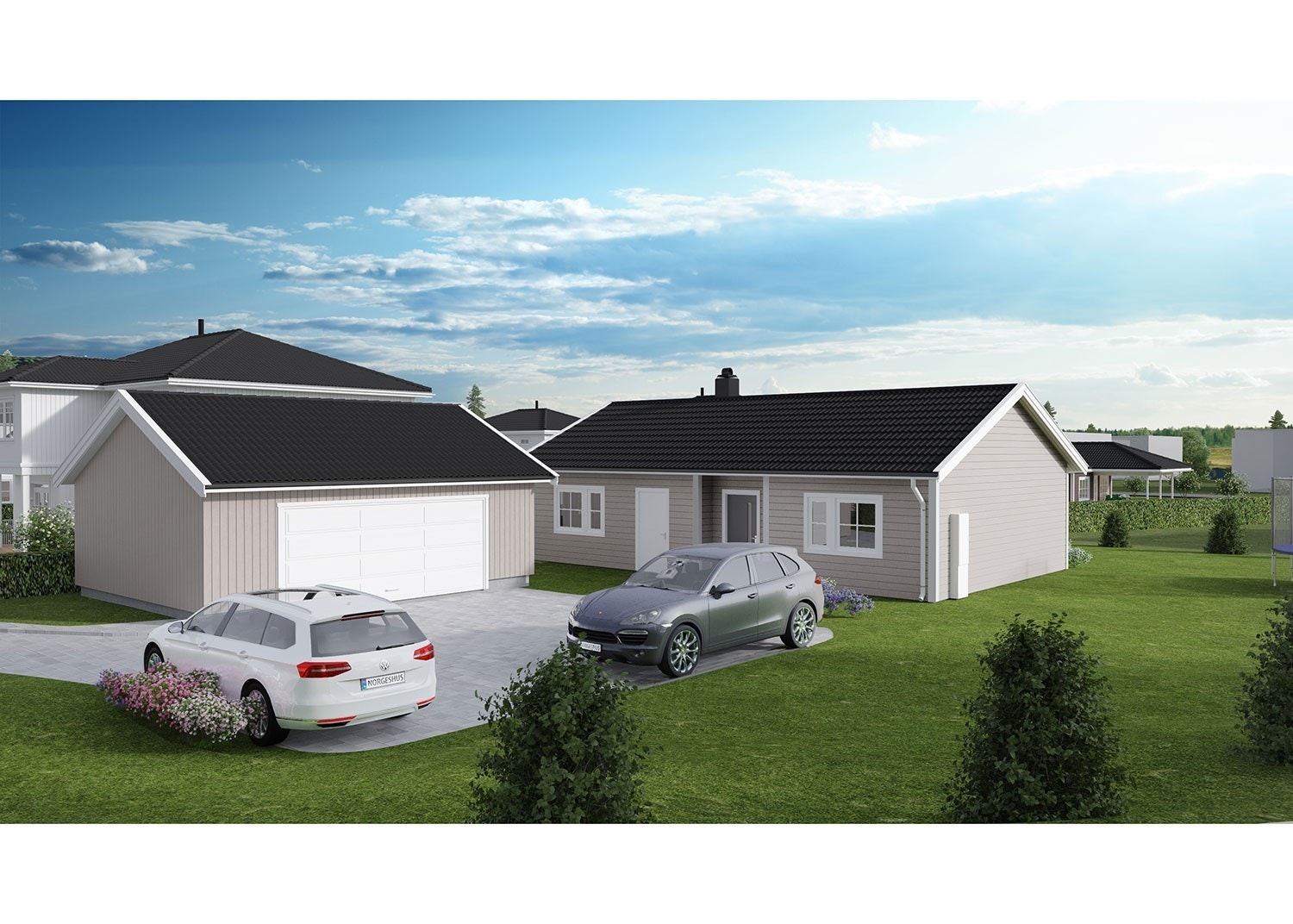 Illustrasjon av boligen plassert på tomten. Avvik kan forekomme. Galleribilde