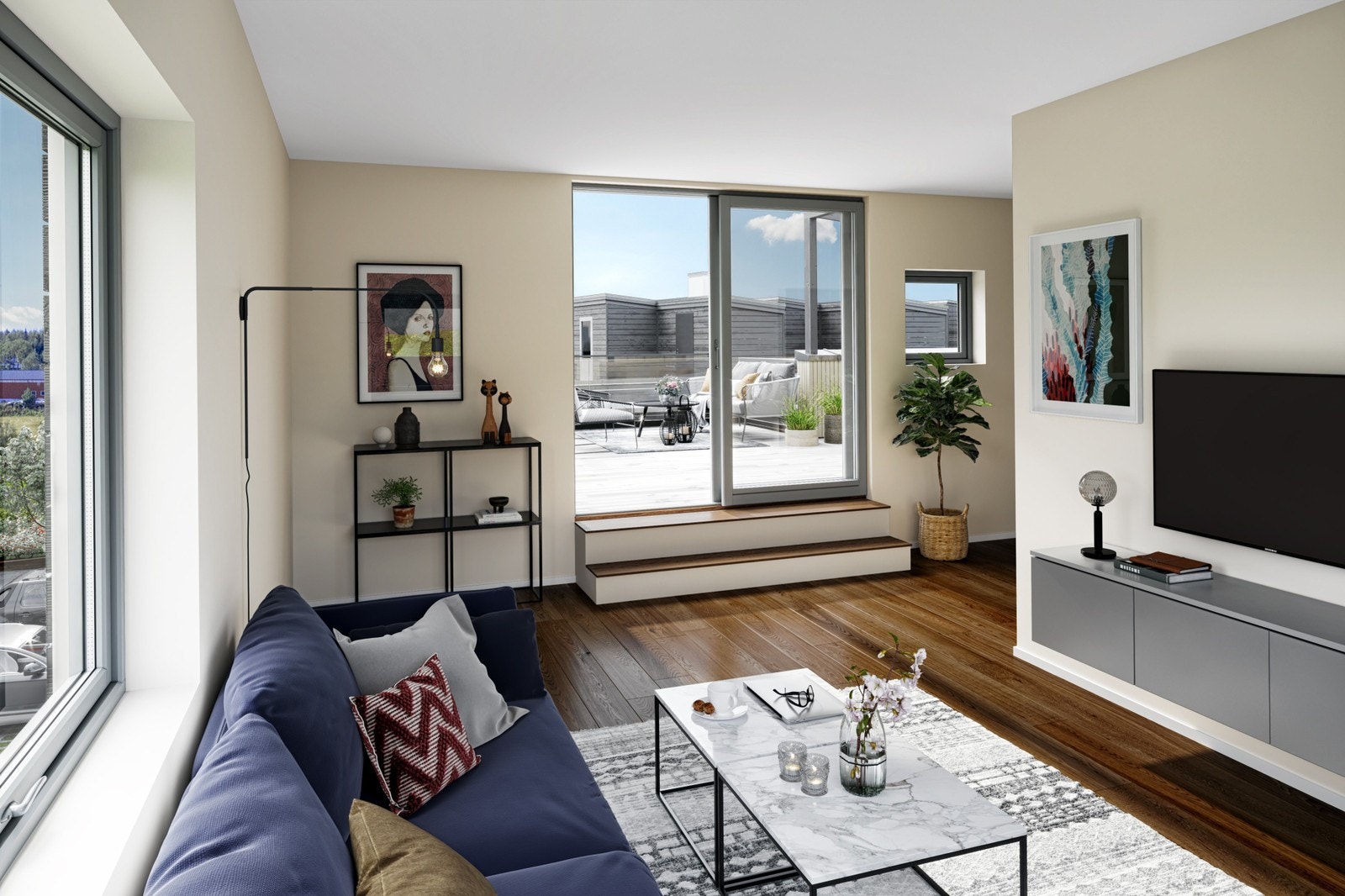 Illustrasjon loftstue med utgang til takterrasse Galleribilde