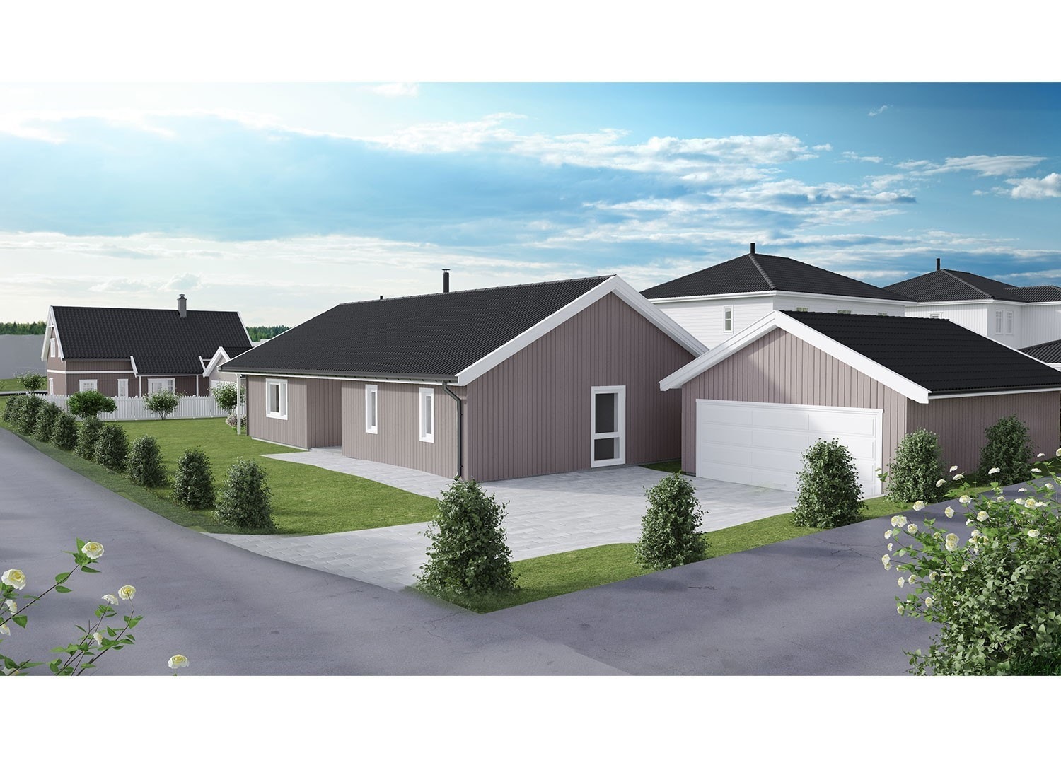 Illustrasjon av boligen plassert på tomten. Avvik kan forekomme. Galleribilde