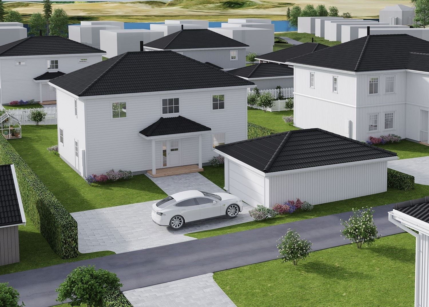 Illustrasjon av boligen plassert på tomten. Avvik kan forekomme. Galleribilde