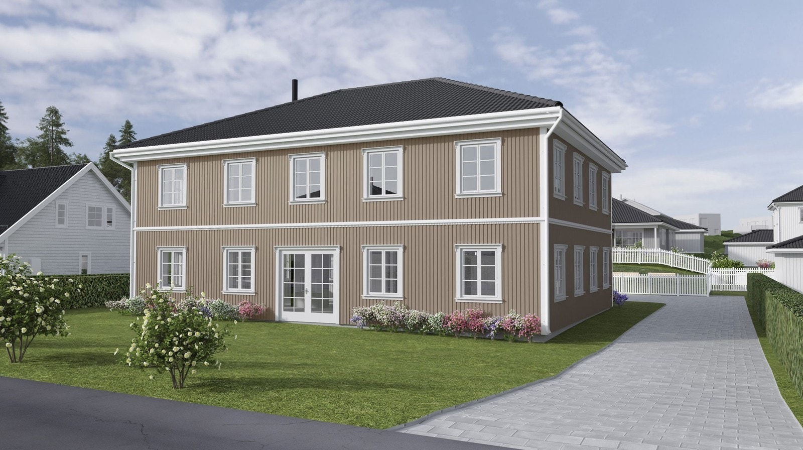 Illustrasjon av boligen plassert på tomten. Avvik kan forekomme. Galleribilde