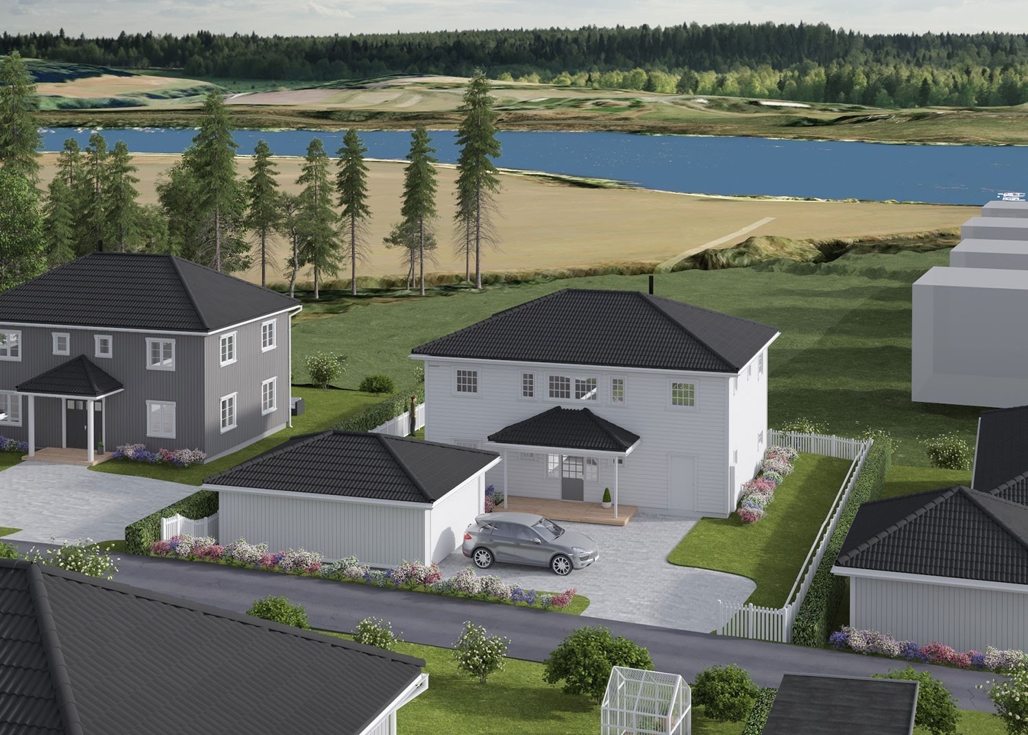 Illustrasjon av boligen plassert på tomten. Avvik kan forekomme. Galleribilde