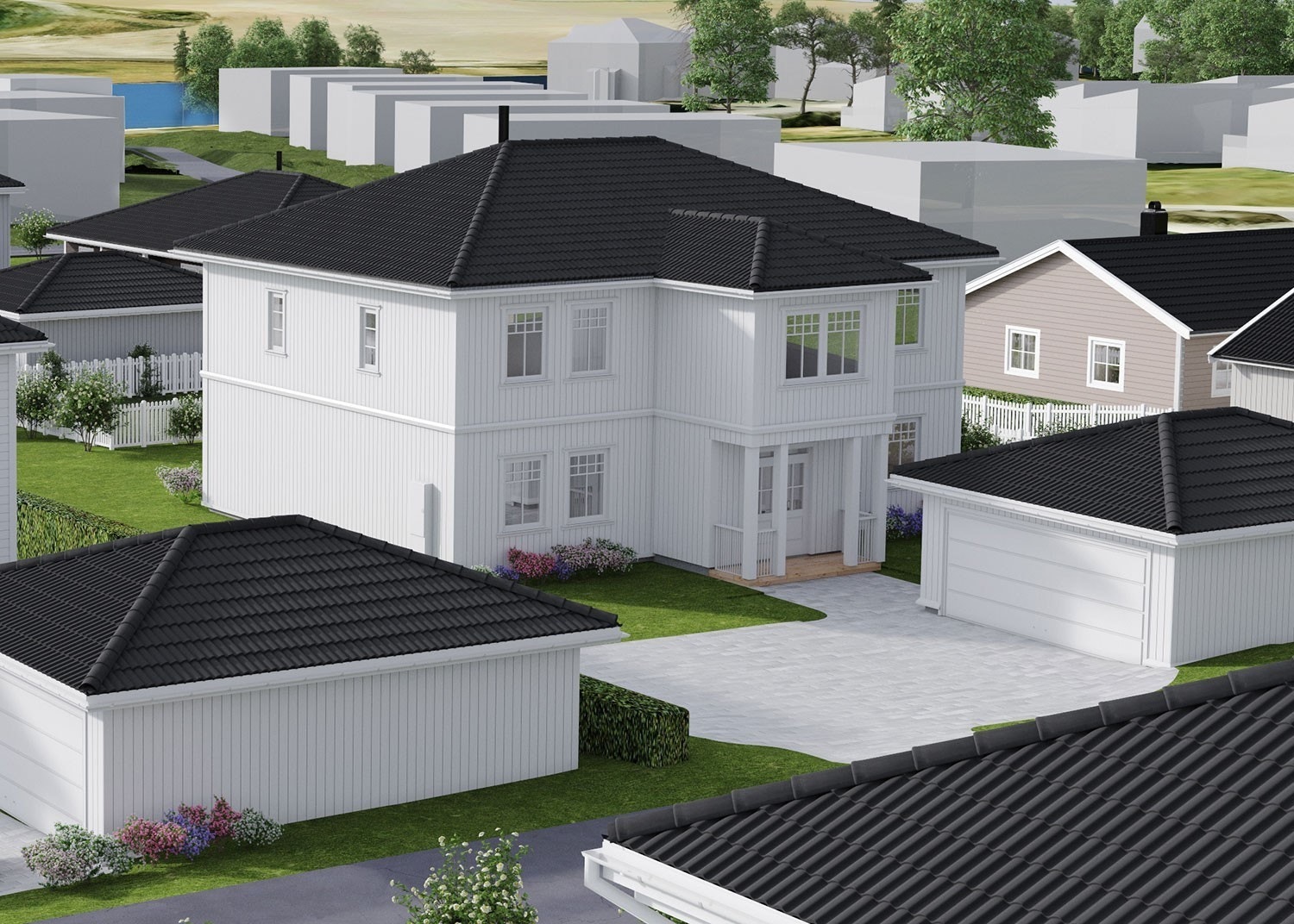 Illustrasjon av boligen plassert på tomten. Avvik kan forekomme. Galleribilde