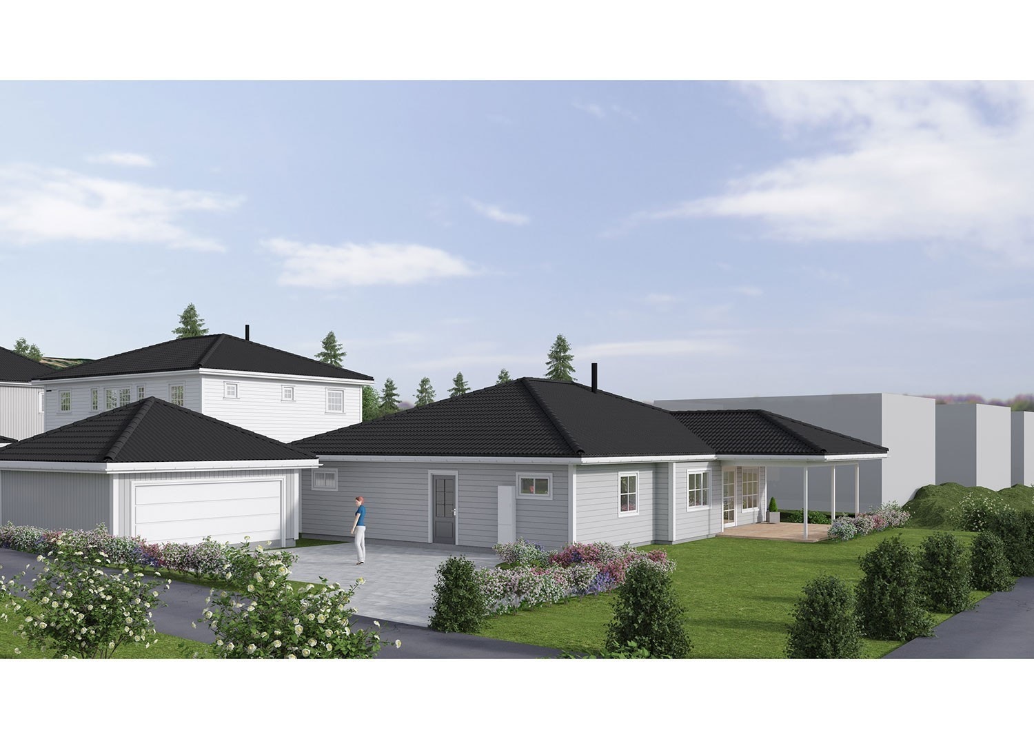 Illustrasjon av boligen plassert på tomten. Avvik kan forekomme. Galleribilde