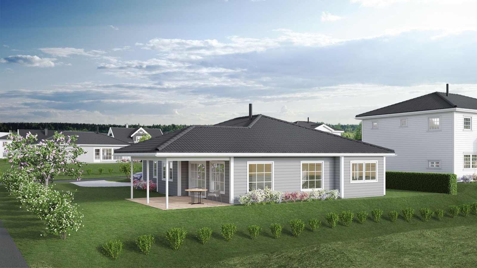 Illustrasjon av boligen plassert på tomten. Avvik kan forekomme. Galleribilde