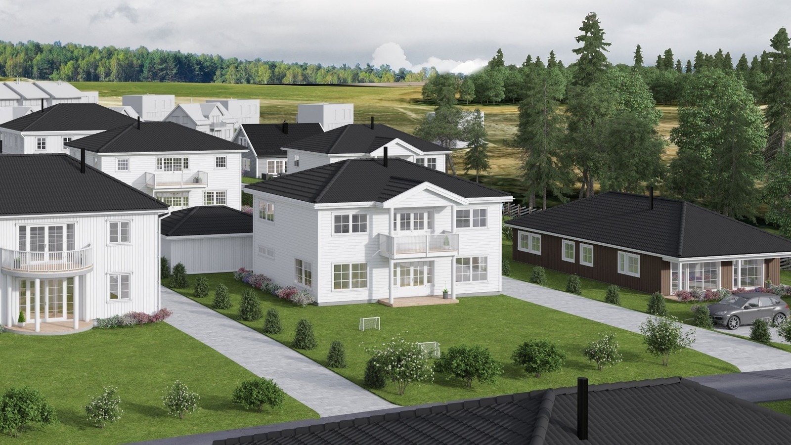 Illustrasjon av boligen plassert på tomten. Avvik kan forekomme. Galleribilde