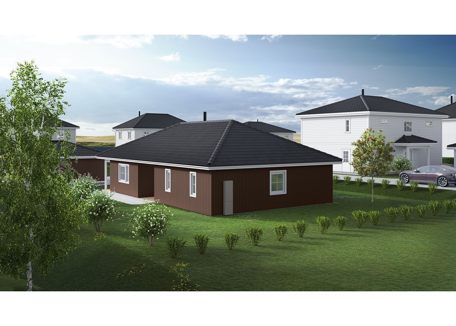 Illustrasjon av boligen plassert på tomten. Avvik kan forekomme. Galleribilde