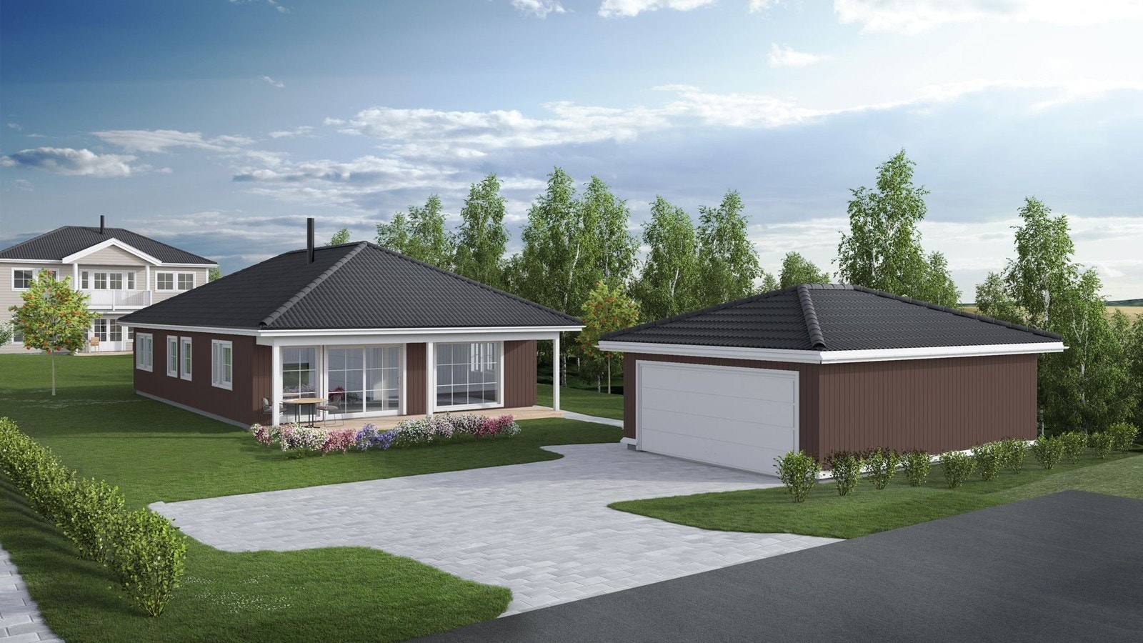 Illustrasjon av boligen plassert på tomten. Avvik kan forekomme. Galleribilde