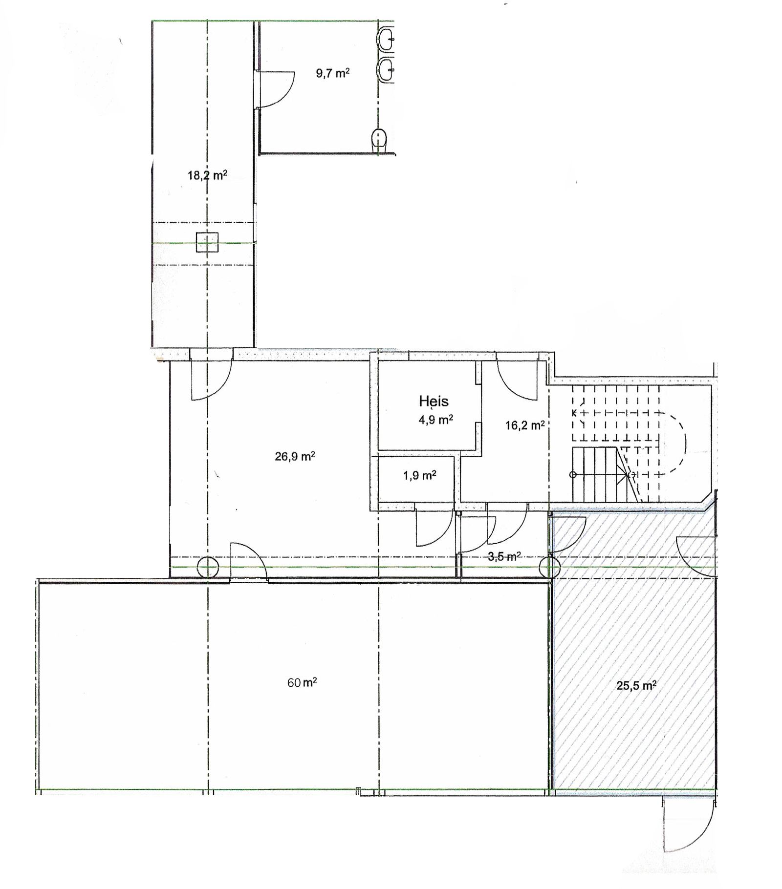 Planteikning tilgjengeleg areal med pauserom, toalett, lagermulegheit, vaskerom, gang, trapp og heis Galleribilde