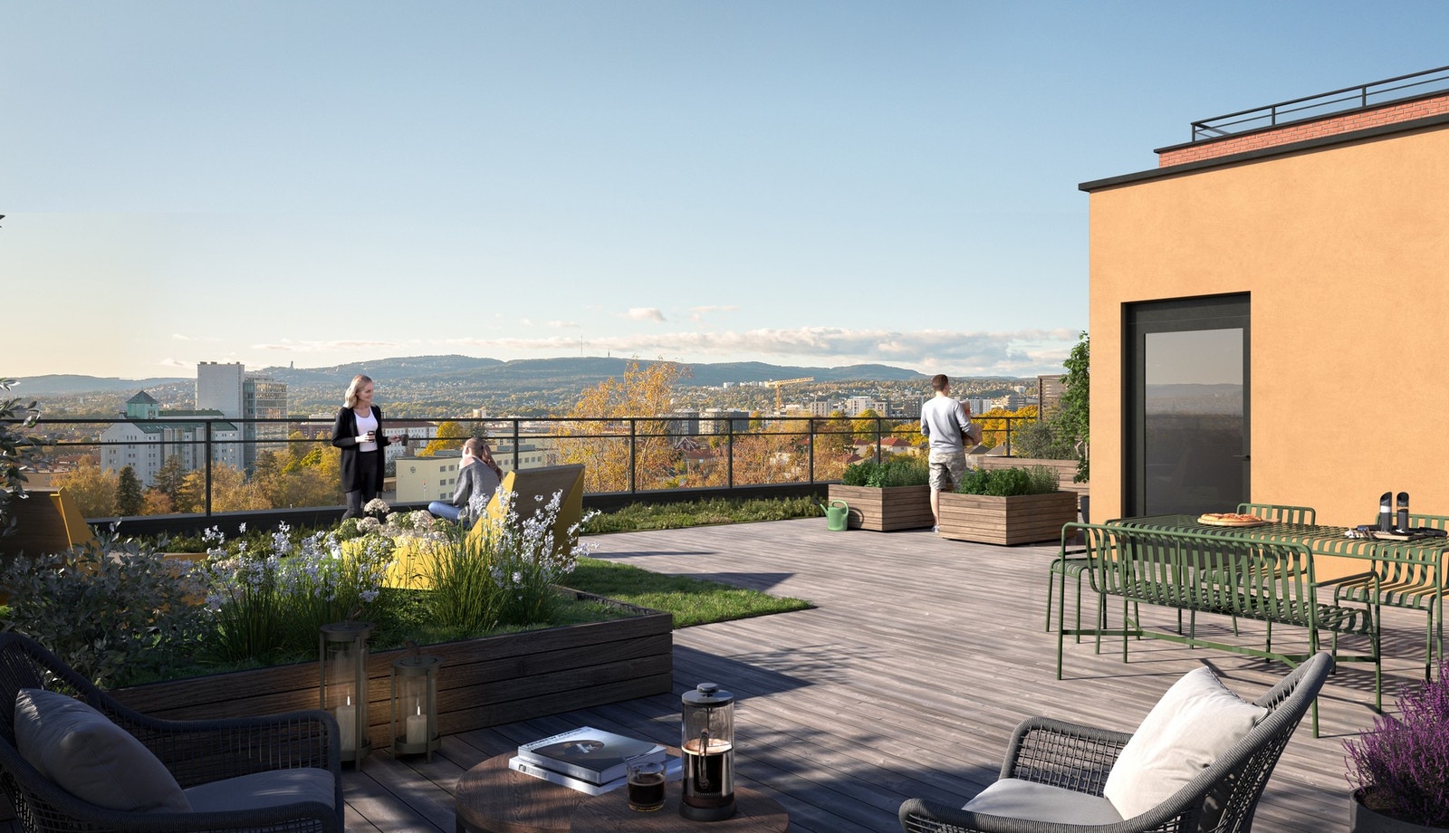 Utsikt over by og fjord fra felles takterrasse Galleribilde