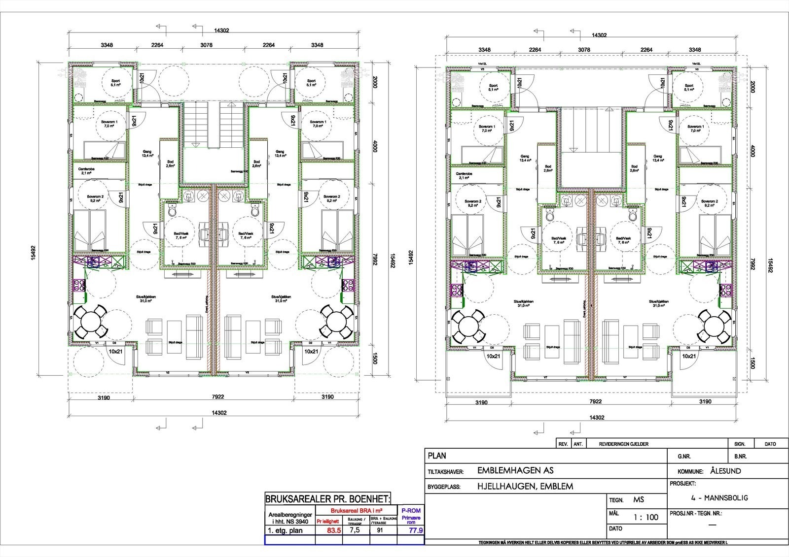 Plantegning firemannsbolig - arealer kan avvike Galleribilde