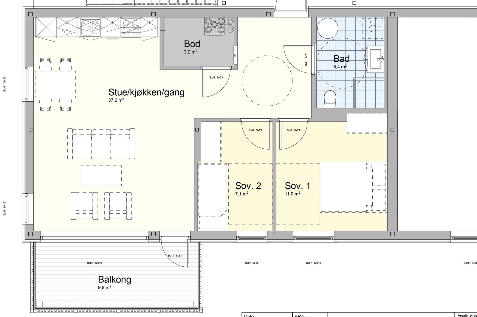 Eksempel på planløsning leilighet med 2 soverom. Denne leiligheten er på 66 BRA. Galleribilde
