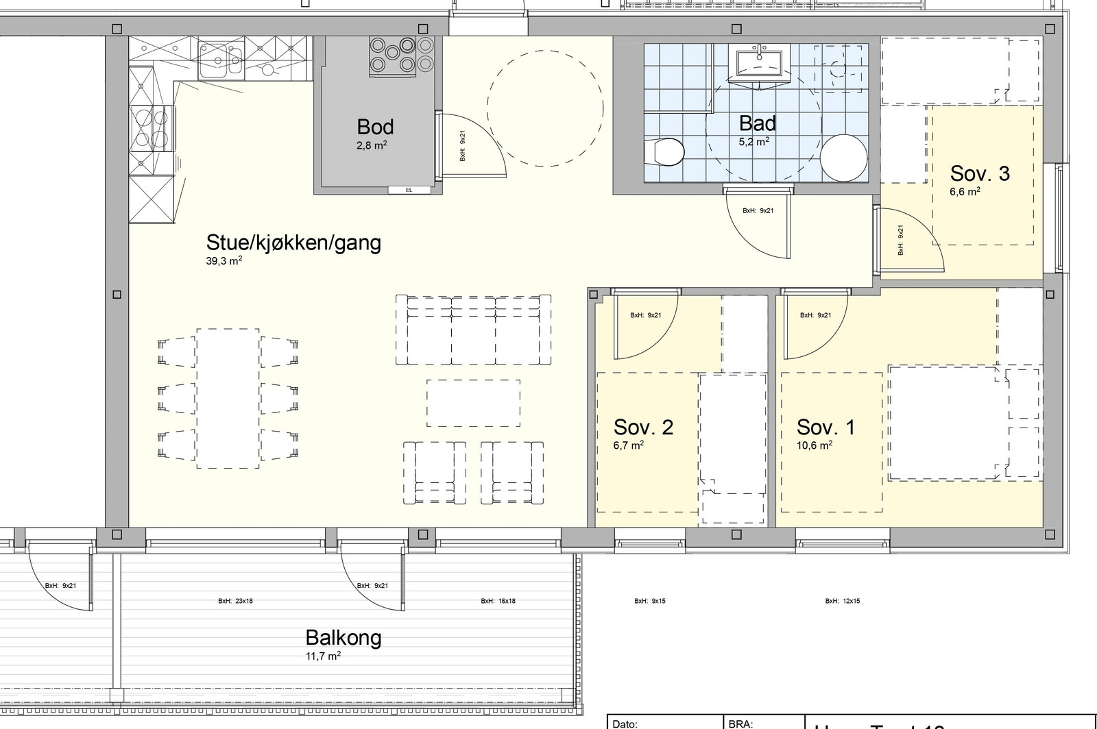 Eksempel på planløsning leilighet med 3 soverom. Denne leiligheten er på 75 BRA. Galleribilde