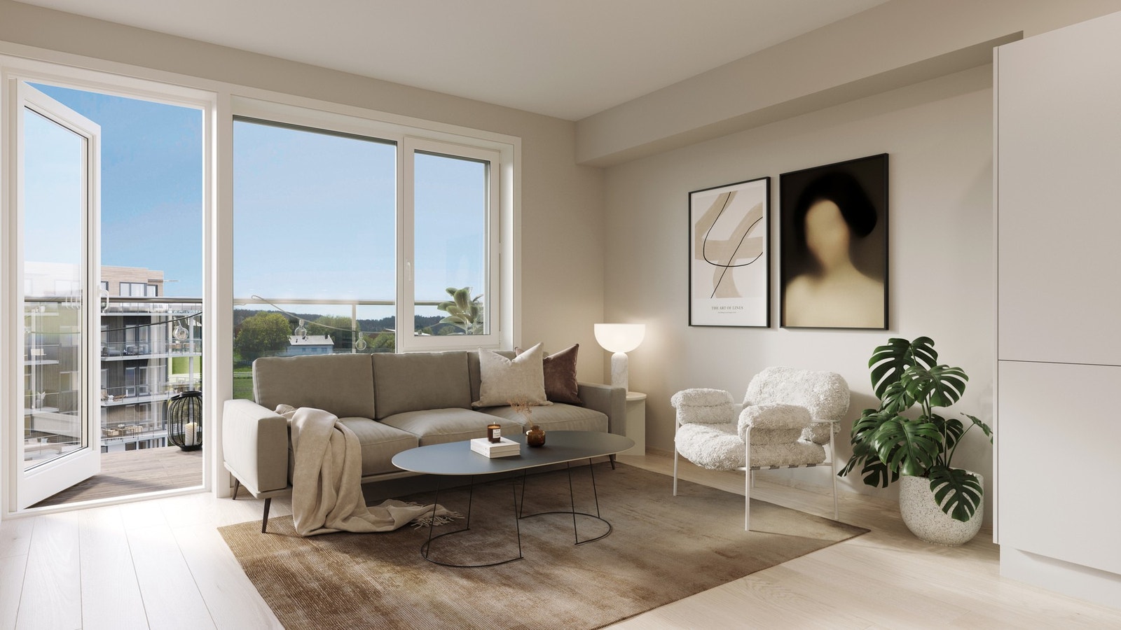 Leiligheten har store vindusflater som gir godt med naturlig lysinnslipp. Illustrasjon, avvik kan forekomme. Galleribilde