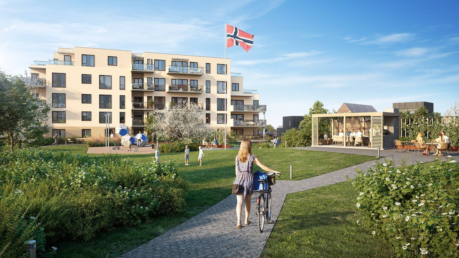 Flott park mellom byggene som beboerne kan benytte seg av. Illustrasjon, avvik kan forekomme. Galleribilde