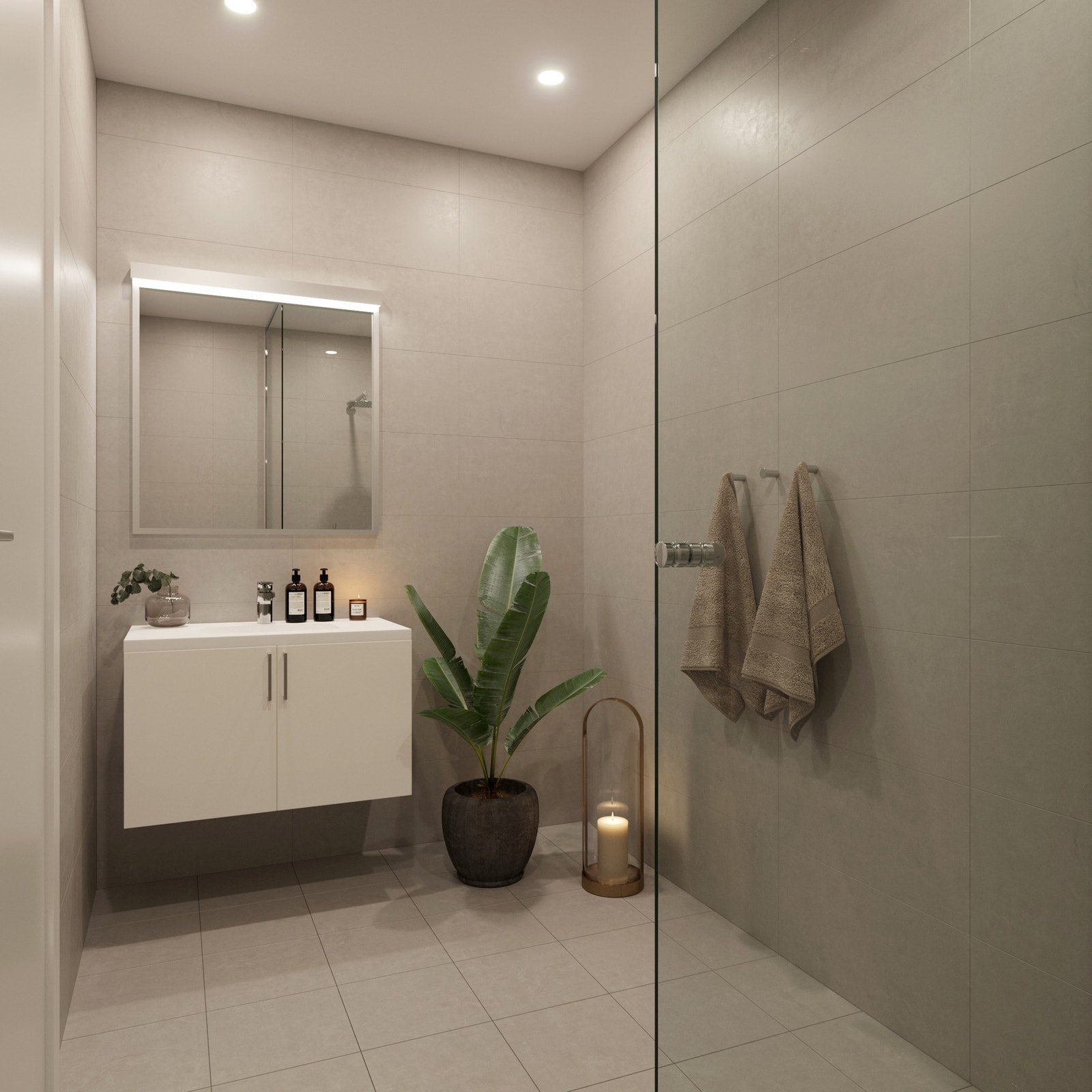 Flislagt bad med moderne innredning. Illustrasjon, avvik kan forekomme. Galleribilde