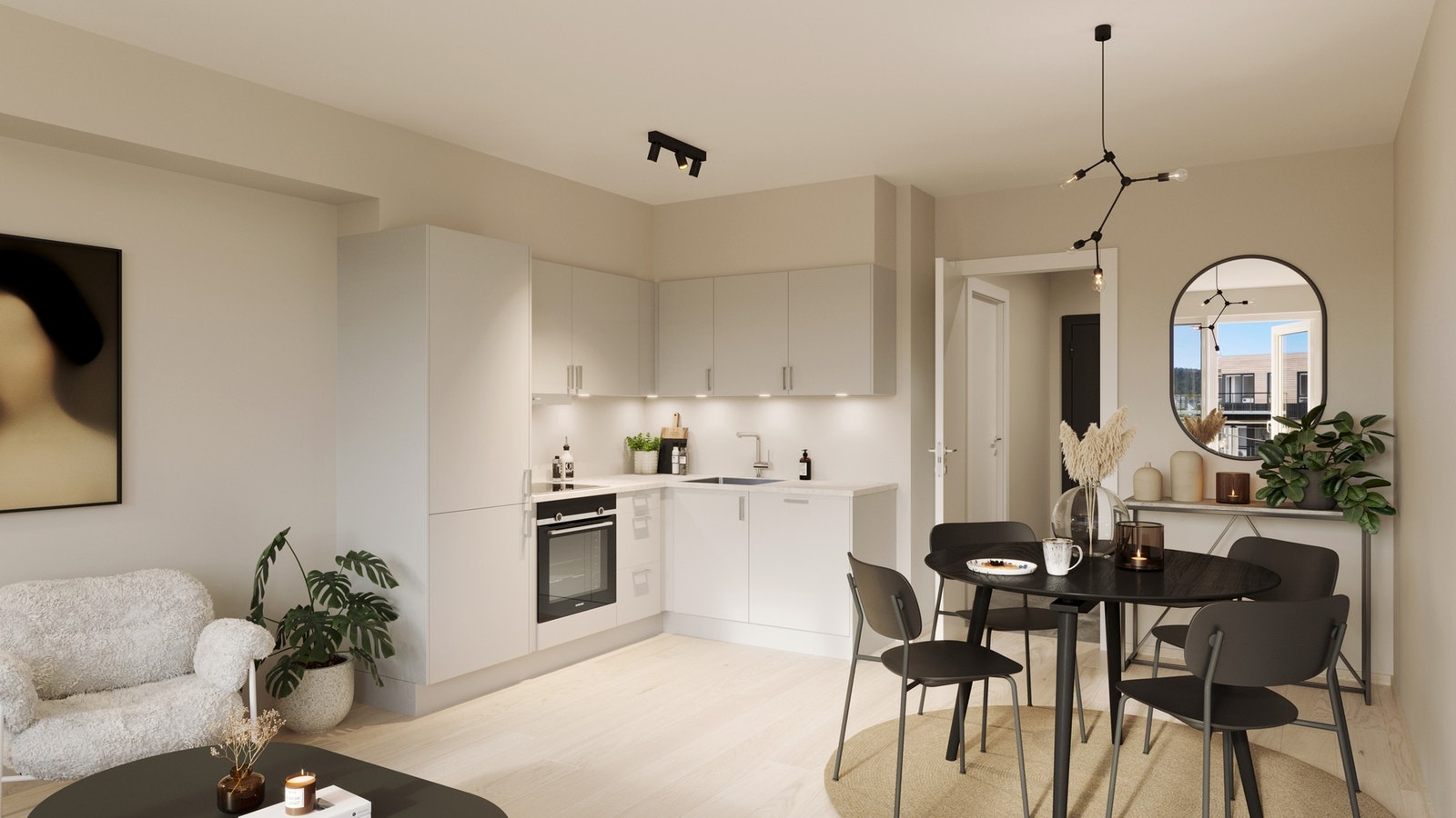 Leiligheten får et flott kjøkken fra Drømmekjøkkenet med integrerte hvitevarer fra Siemens. Illustrasjon, avvik kan forekomme. Galleribilde