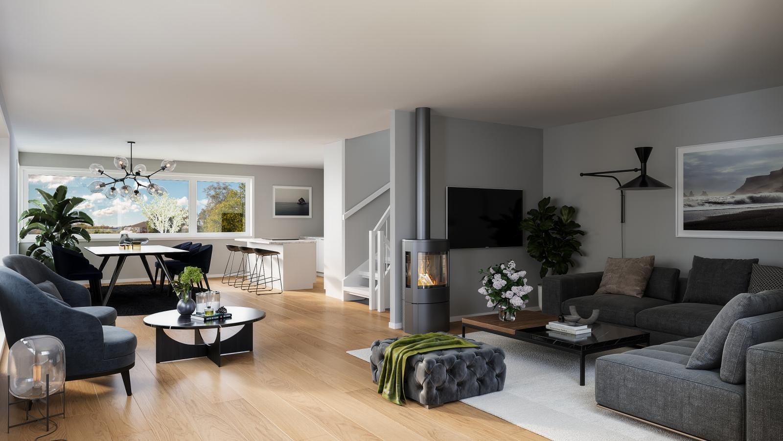 - Gjennomgående for disse boligene er store vindusflater, for godt lysinnslipp og ikke minst for å trekke inn de fine omgivelsene - (Dette bilde er av stue i E,F) Galleribilde