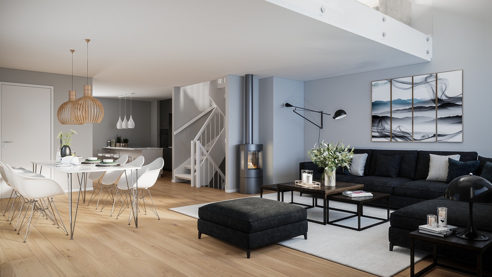 - 9 moderne eneboliger i rekke med parkeringsplass ved inngangspartiet - Galleribilde