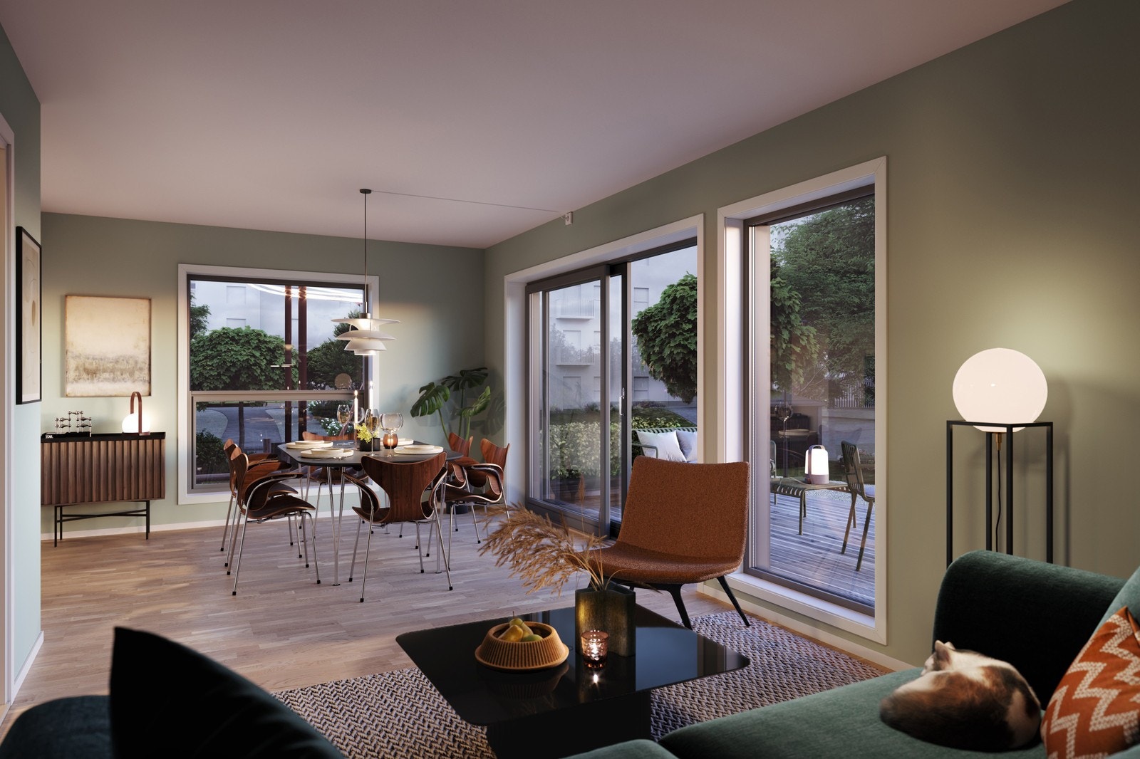 Illustrasjon - Stue med utgang til terrasse - nr. 26 (denne boligen har ikke vindu på endevegg) Galleribilde